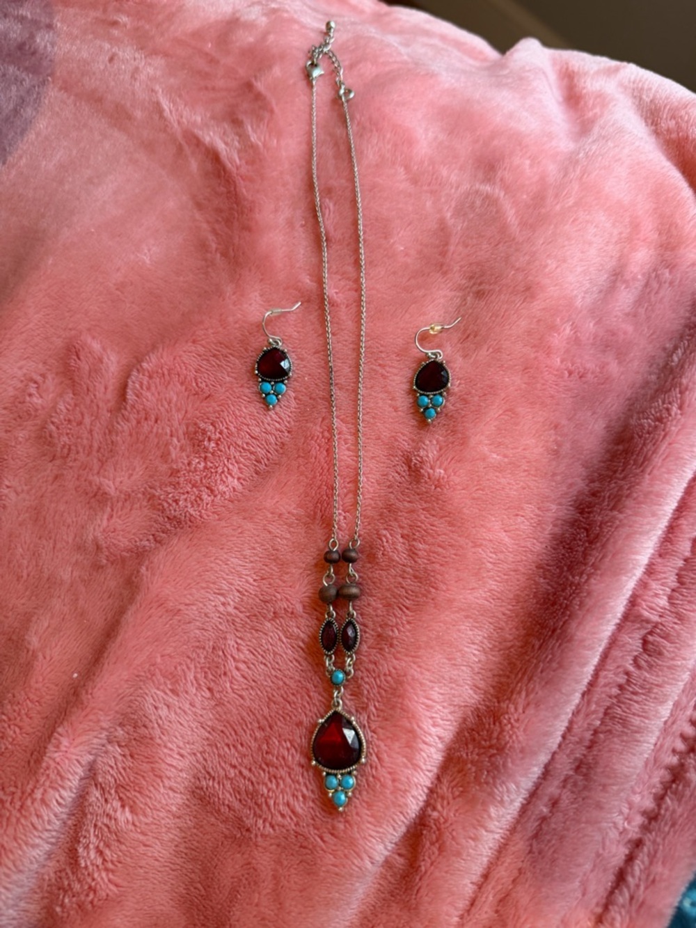 Silver-Tone Red and Turquoise Teardrop Necklace & Earring Set
